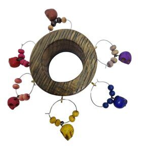 Skull Colorful Wine Glass Charms Set - 6  Themed Unique Charms With Beads & Wood